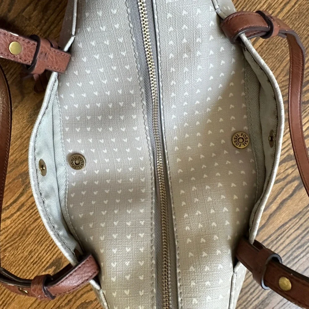 Fossil Rachel Women's Tote Bag Large Tan Heart Canvas Leather Shoulder Purse